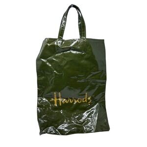 Harrods London Shopper Bag Olive Green PVC Coated Cotton Tote Logo Large